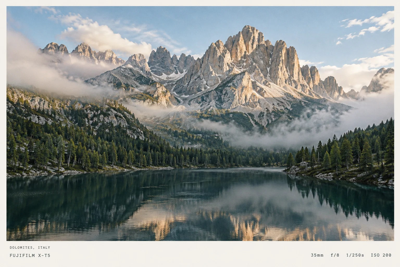 Alpine lake photograph with an ivory frame showing the camera, focal length, aperture, shutter speed and ISO