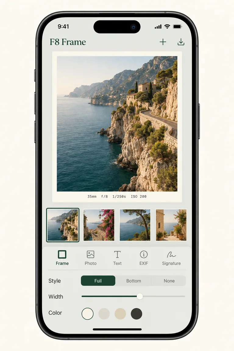 AI-generated illustration of the F8 Frame iPhone editor showing a coastal photo and frame settings