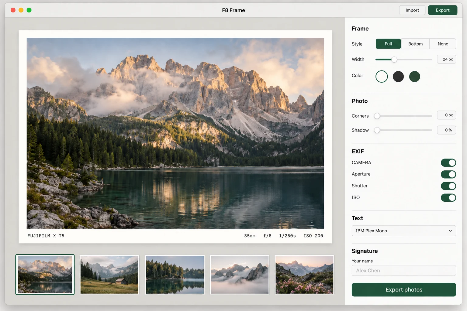 AI-generated illustration of the F8 Frame Mac editor with a photo preview, frame controls, EXIF switches and export controls